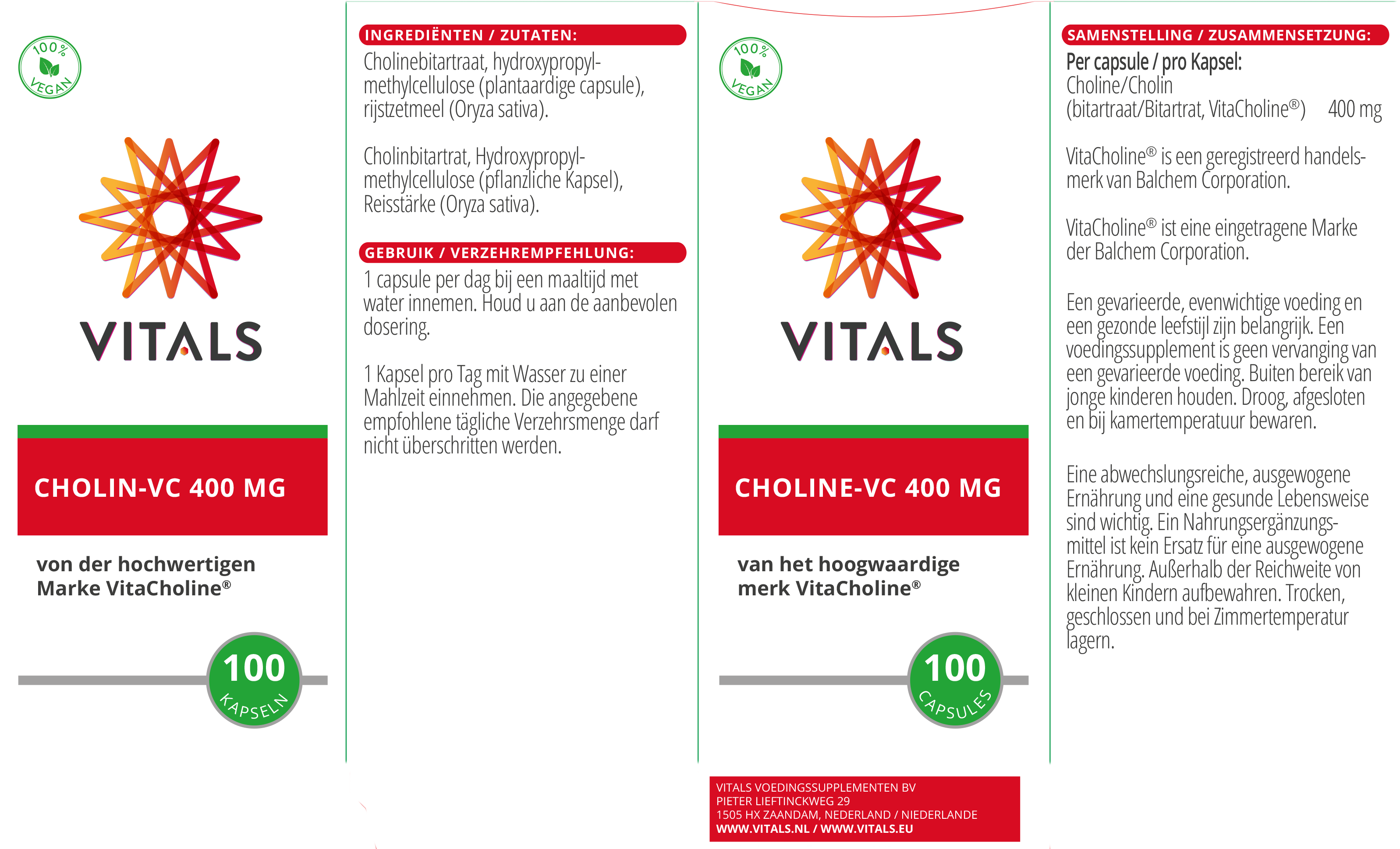 Cholin-VC 400 mg – Vitals-Etikett. Zutaten: Cholinbitartrat (VitaCholine®), pflanzliche Kapsel.
